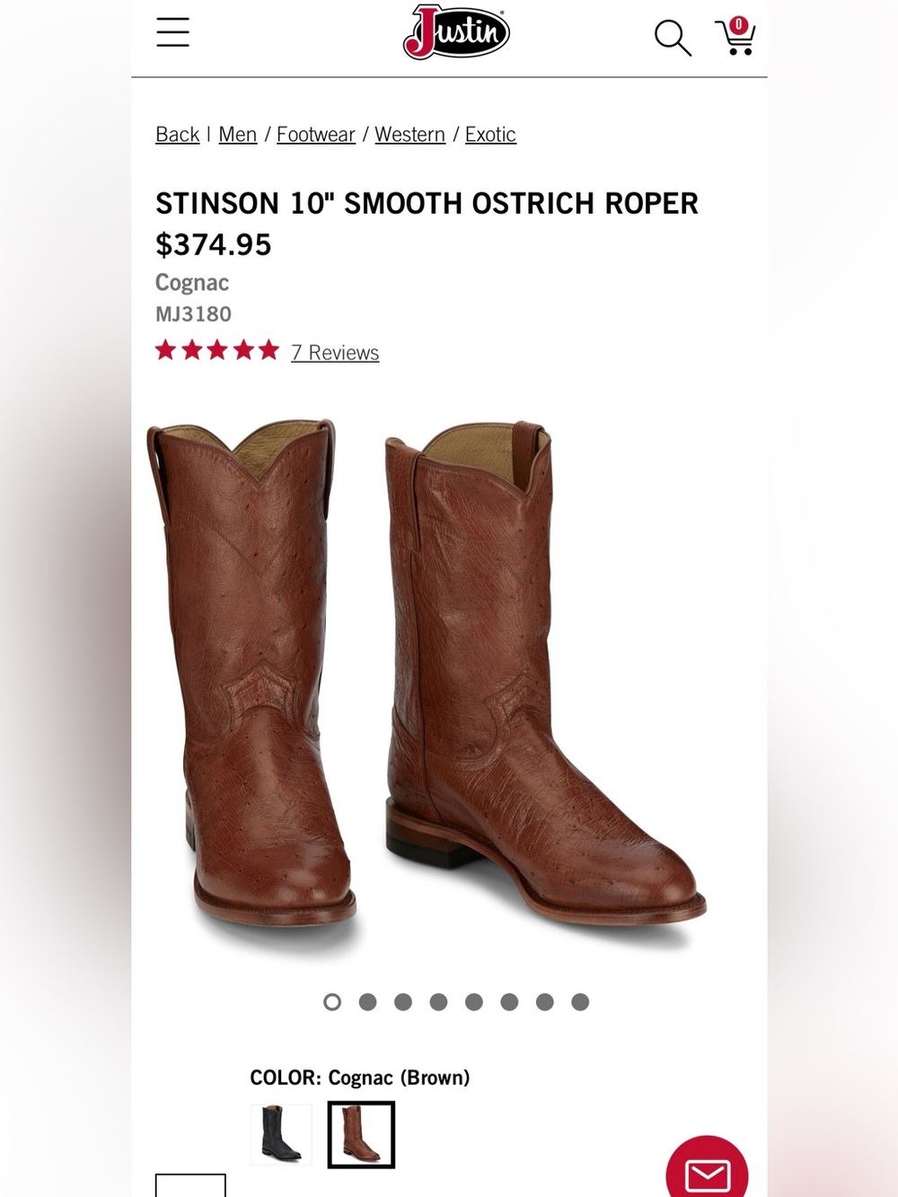 JUSTIN STINSON 10” SMOTH OSTRICH ROPER MENS COWBOY BOOTS COGNAC SIZE-11.5D